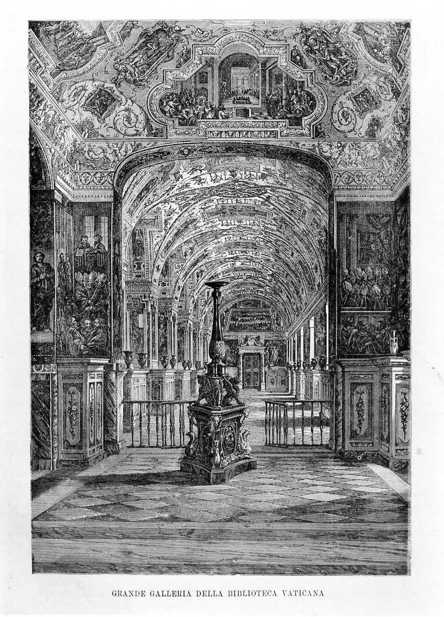 Grande galleria della Biblioteca Vaticana, la Biblioteca Vaticana (stampa) di Gauchard Jean (sec. XIX)