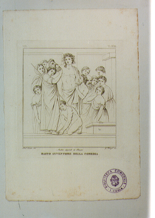 BACCO CON MASCHERA TEATRALE E FIGURE MASCHILI E FEMMINILI (stampa) di Anonimo, D'Auria Raffaele, Wenzel Giovanni (sec. XIX)