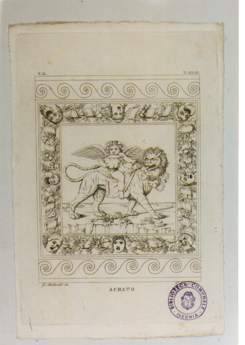 ACRATO A CAVALLO DI UN LEONE (MOSAICO) (stampa) di Anonimo, Labruzzi T, Maldarelli Giovanni (sec. XIX)