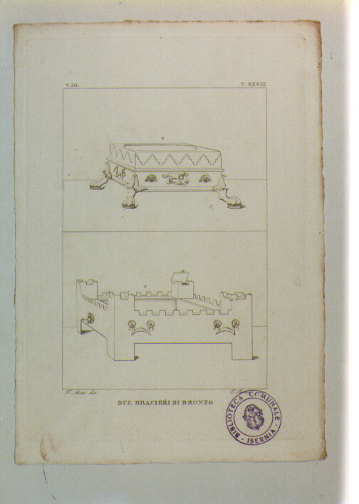 DISEGNO DI DUE BRACIERI IN BRONZO ROMANI (stampa) di Anonimo, Perniè C, Mori Ferdinando (sec. XIX)