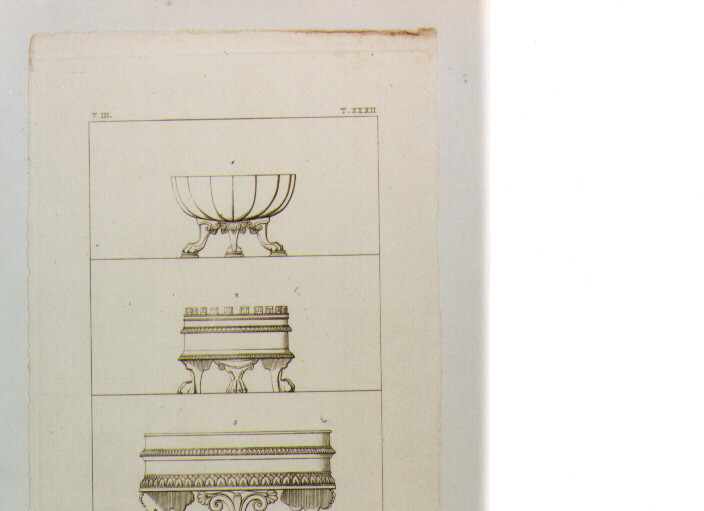 DISEGNO DI BRACIERI E VASO IN BRONZO ROMANI (stampa) di Anonimo, Labruzzi T, Molino Filippo (sec. XIX)