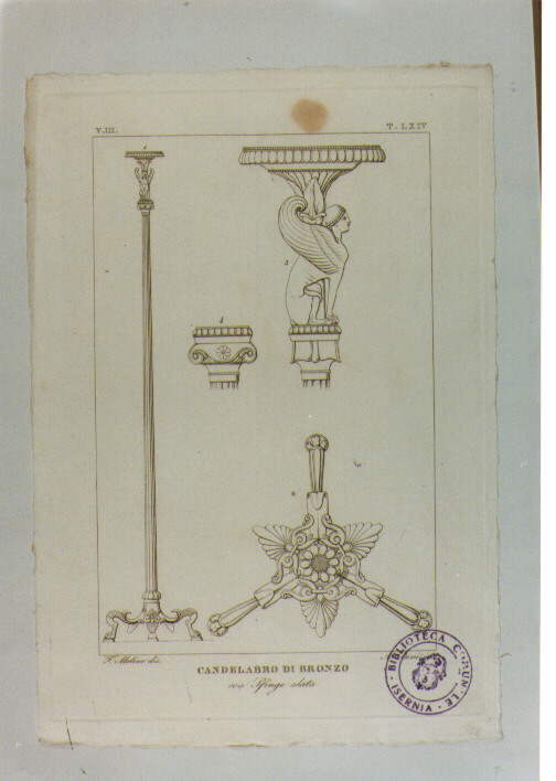 DISEGNO DI CANDELABRO ROMANO IN BRONZO (stampa) di Anonimo, Bini Arcangelo, Molino Filippo (sec. XIX)