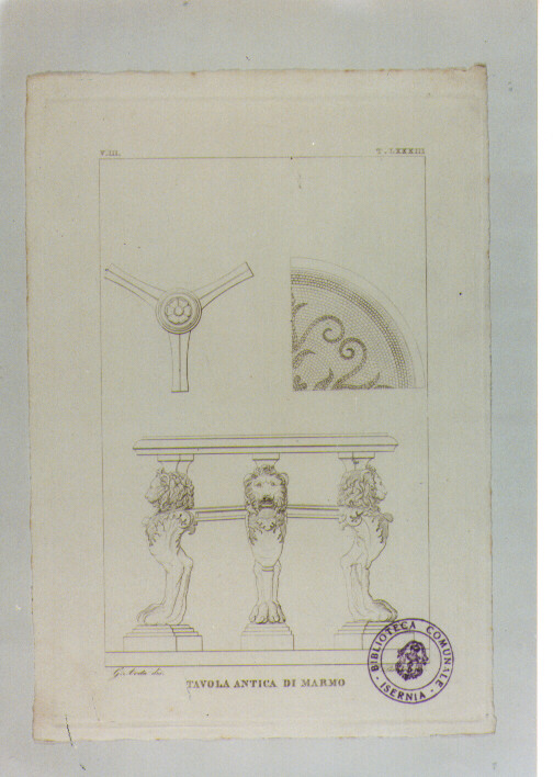 TAVOLO ROMANO IN MARMO CON PIEDI LEONINI (stampa) di Anonimo, Perniè C, Aveta Giovanni (sec. XIX)