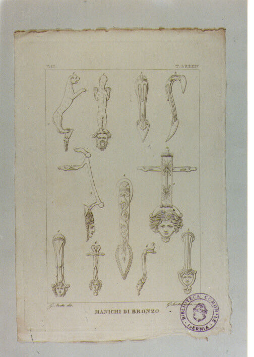 MANICI ROMANI IN BRONZO CON FIGURA ANTROPOMORFA E DI ANIMALI (stampa) di Anonimo, Santalmassi G, Aveta Giovanni (sec. XIX)