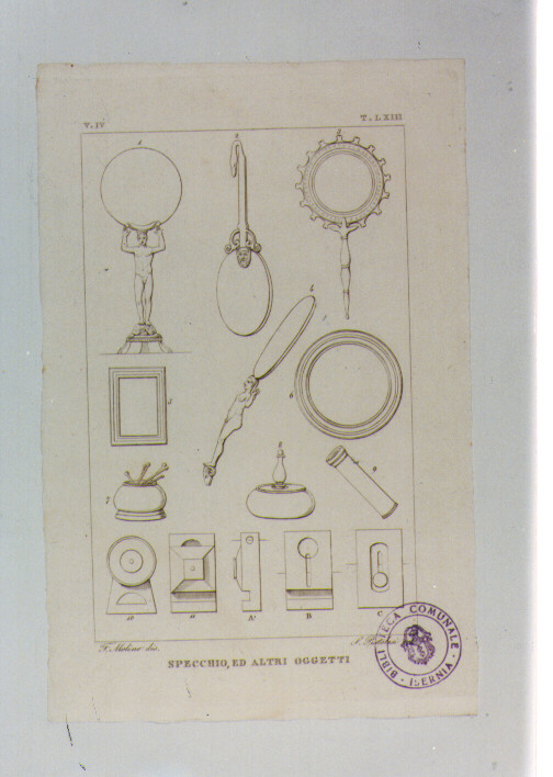SPECCHIO ED OGGETTI ANTICHI DI USO QUOTIDIANO (stampa smarginata) di Anonimo, Pistolesi Saverio, Molino Filippo (sec. XIX)