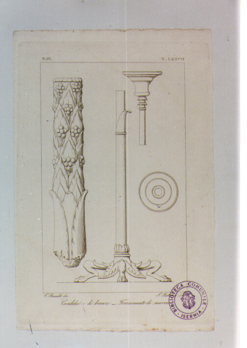 CANDELABRO BRONZEO (stampa) di Anonimo, Pistolesi Saverio, Beccalli Carlo (sec. XIX)