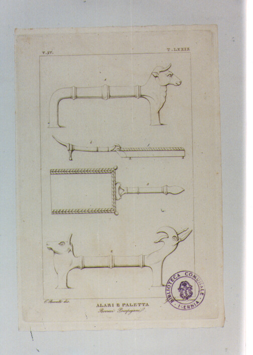 ALARI E PALETTA DI BRONZO POMPEIANI (stampa) di Anonimo, Bianchi Giuseppe, Beccalli Carlo (sec. XIX)