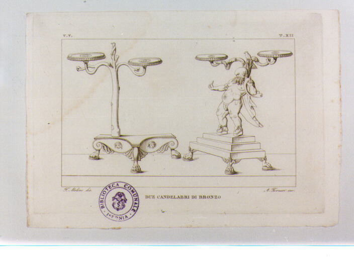 CANDELABRI ROMANI IN BRONZO CON SILENO (stampa) di Anonimo, Fornari Augusto, Molino Filippo (sec. XIX)