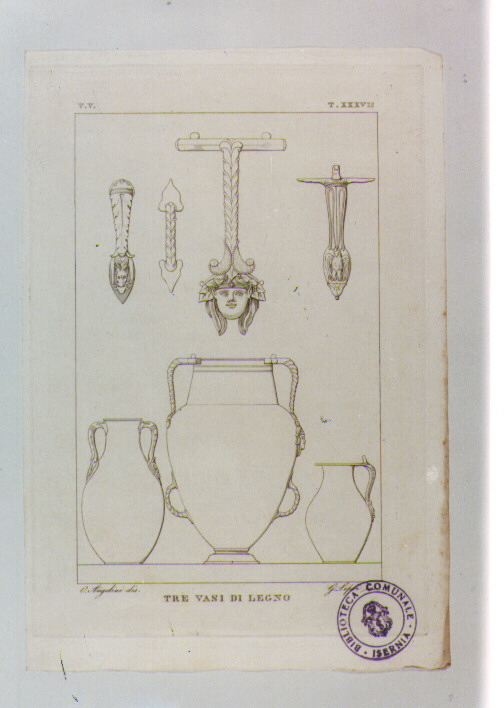 VASI IN LEGNO CON DECORAZIONI ANTROPOMORFE (stampa) di Anonimo, Lepri Gioacchino, Angelini Orazio (sec. XIX)