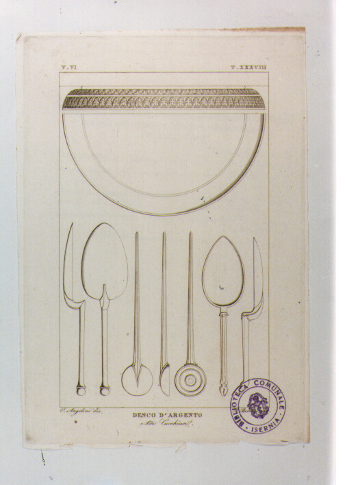 PIATTO E POSATE ANTICHI IN ARGENTO (stampa tagliata) di Anonimo, Bertoni Pio, Angelini Orazio (sec. XIX)