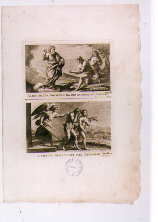 ADAMO ED EVA CONFESSANO LA COLPA; CACCIATA DAL PARADISO (stampa) di Olivieri Bernardino (sec. XVIII)