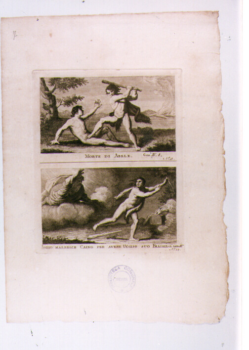 CAINO UCCIDE ABELE; DIO MALEDICE CAINO (stampa) di Olivieri Bernardino (sec. XVIII)