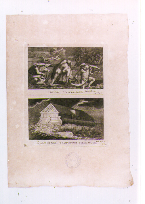 DILUVIO UNIVERSALE; L'ARCA DI NOE' TRASPORTATA DALLE ACQUE (stampa) di Olivieri Bernardino (sec. XVIII)