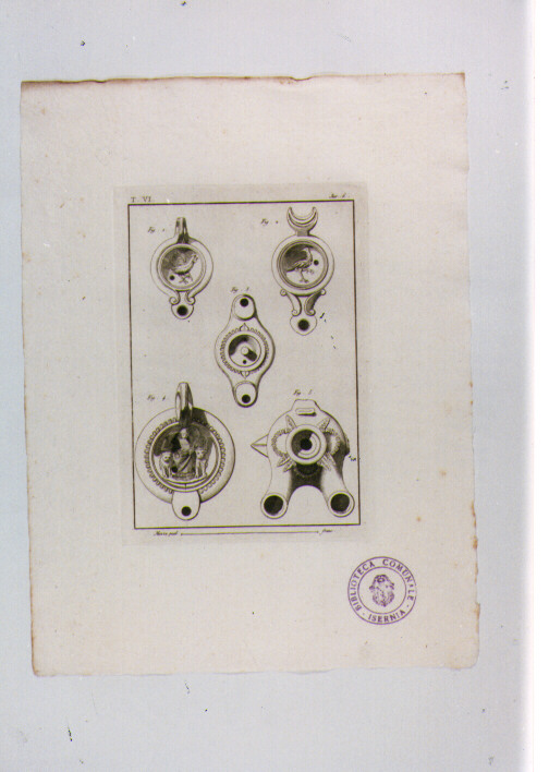 LUCERNE CON FIGURE DI GATTI E DI CIBALE SEDUTA TRA DUE LEONI (stampa) - ambito napoletano (sec. XIX)