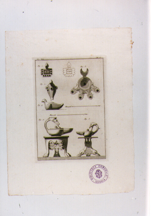 LUCERNA CON MANICI A FORMA DI TESTE DI ANIMALI (stampa) - ambito napoletano (sec. XIX)