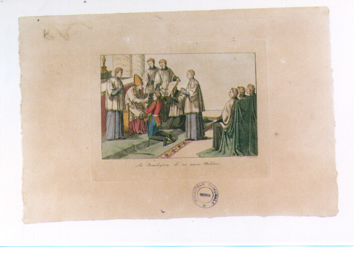 BENEDIZIONE DI UN MILITARE (stampa colorata a mano) di Capparoni Giuseppe (sec. XIX)