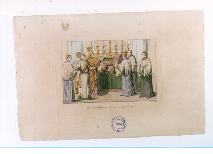 BENEDIZIONE DI UNA CROCE (stampa colorata a mano) di Capparoni Giuseppe (sec. XIX)