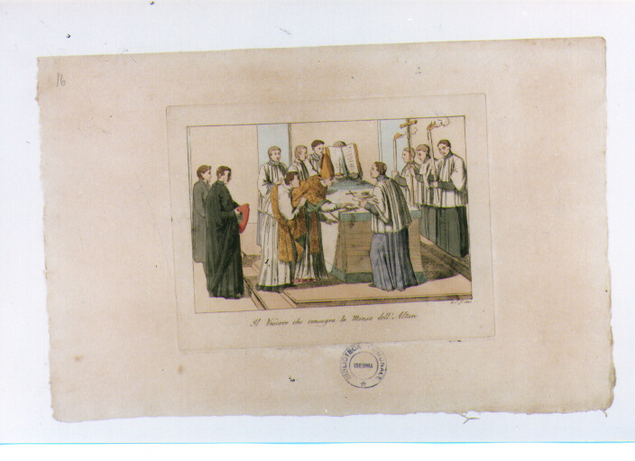 IL VESCOVO CONSACRA LA MENSA D'ALTARE (stampa colorata a mano) di Capparoni Giuseppe (sec. XIX)