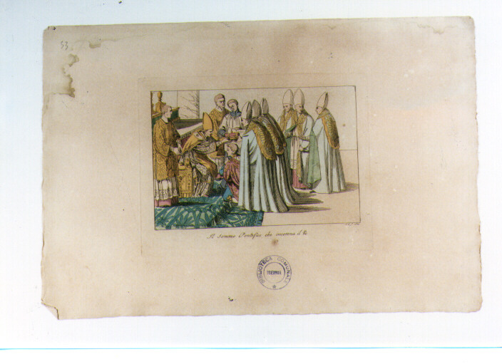 INCORONAZIONE DEL RE DA PARTE DEL PONTEFICE (stampa colorata a mano) di Capparoni Giuseppe (sec. XIX)