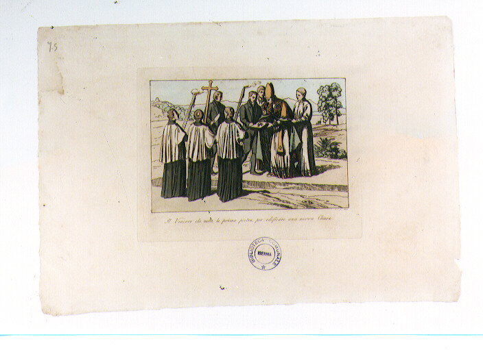 POSA DELLA PRIMA PIETRA (stampa colorata a mano) di Capparoni Giuseppe (sec. XIX)