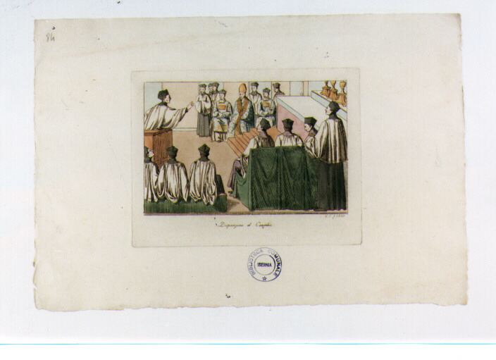 DISPOSIZIONE AL CONCILIO (stampa colorata a mano) di Capparoni Giuseppe (sec. XIX)