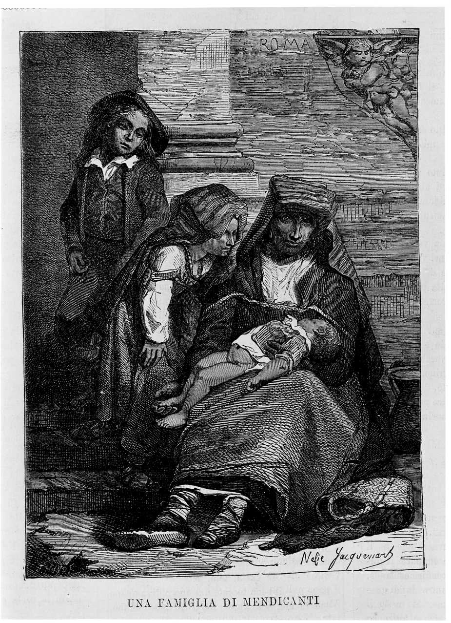Una famiglia di mendicanti, una famiglia di mendicanti (stampa) di Huyot Jules Jean Marie Joseph, Jacquemart Nelie (sec. XIX)