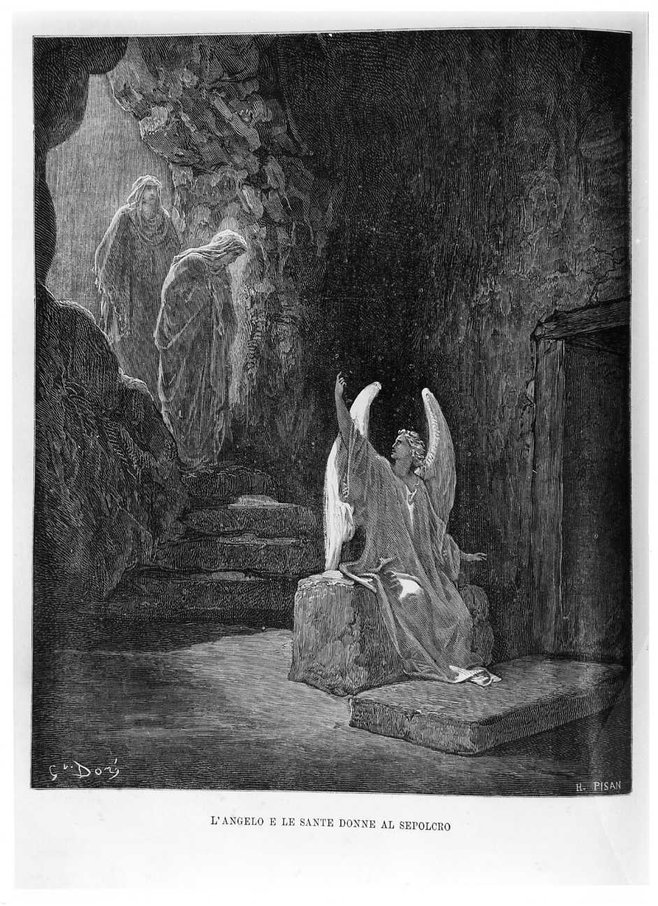 L'Angelo e le Sante Donne al sepolcro, l'angelo e le Pie Donne al sepolcro (stampa) di Doré Gustave, Pisan Heliodore Joseph (sec. XIX)