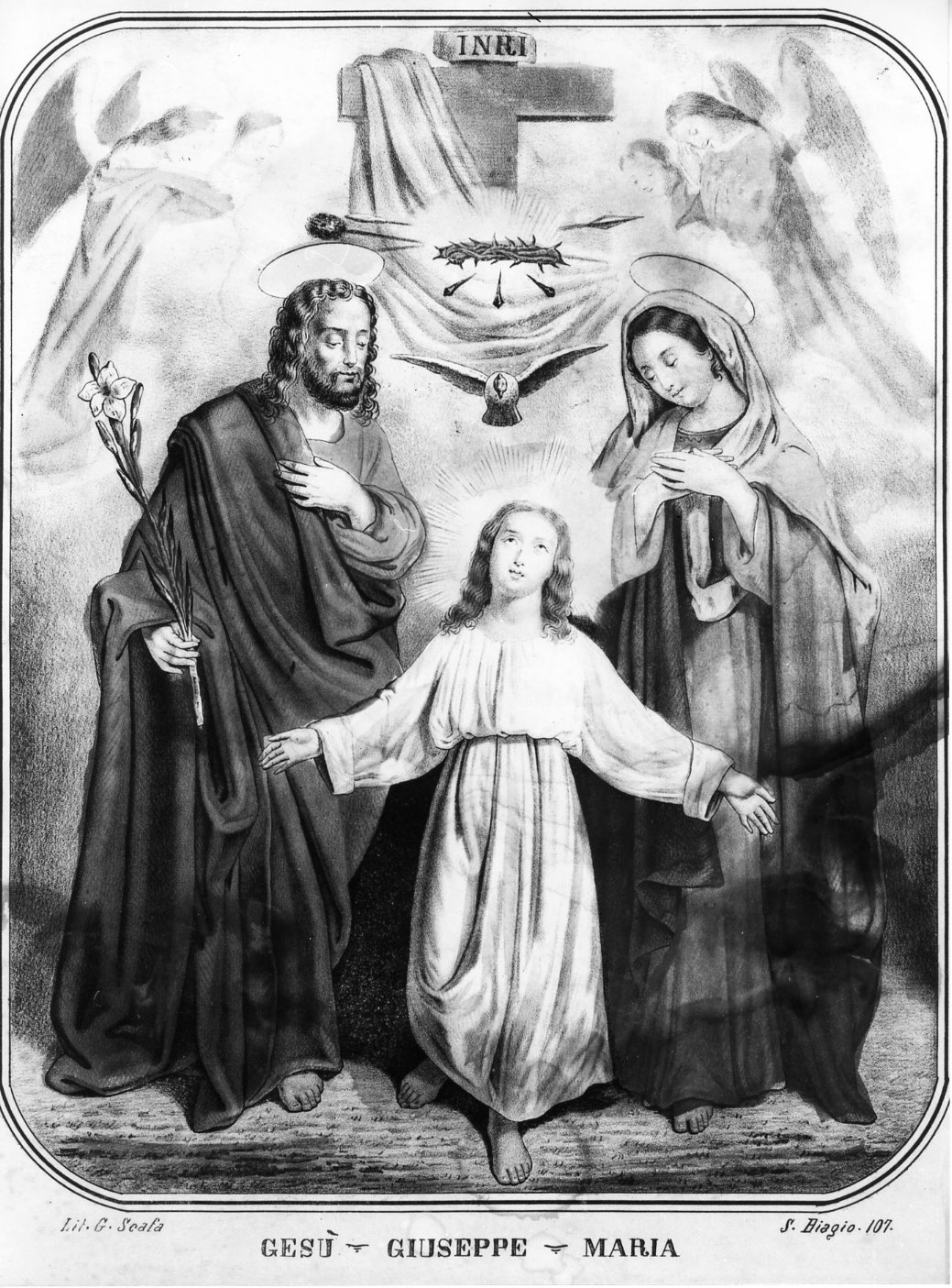 Gesù Bambino con la Madonna e San Giuseppe (stampa) di Scafa G (sec. XIX)