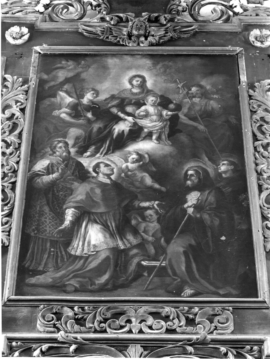 Madonna con bambino e i Santi Michele , Giovanni Battista, Nicola di Myra, Carlo Barromeo, Francesco da Paola, Antonio da Padova (dipinto) - ambito Italia meridionale (terzo quarto sec. XVIII)