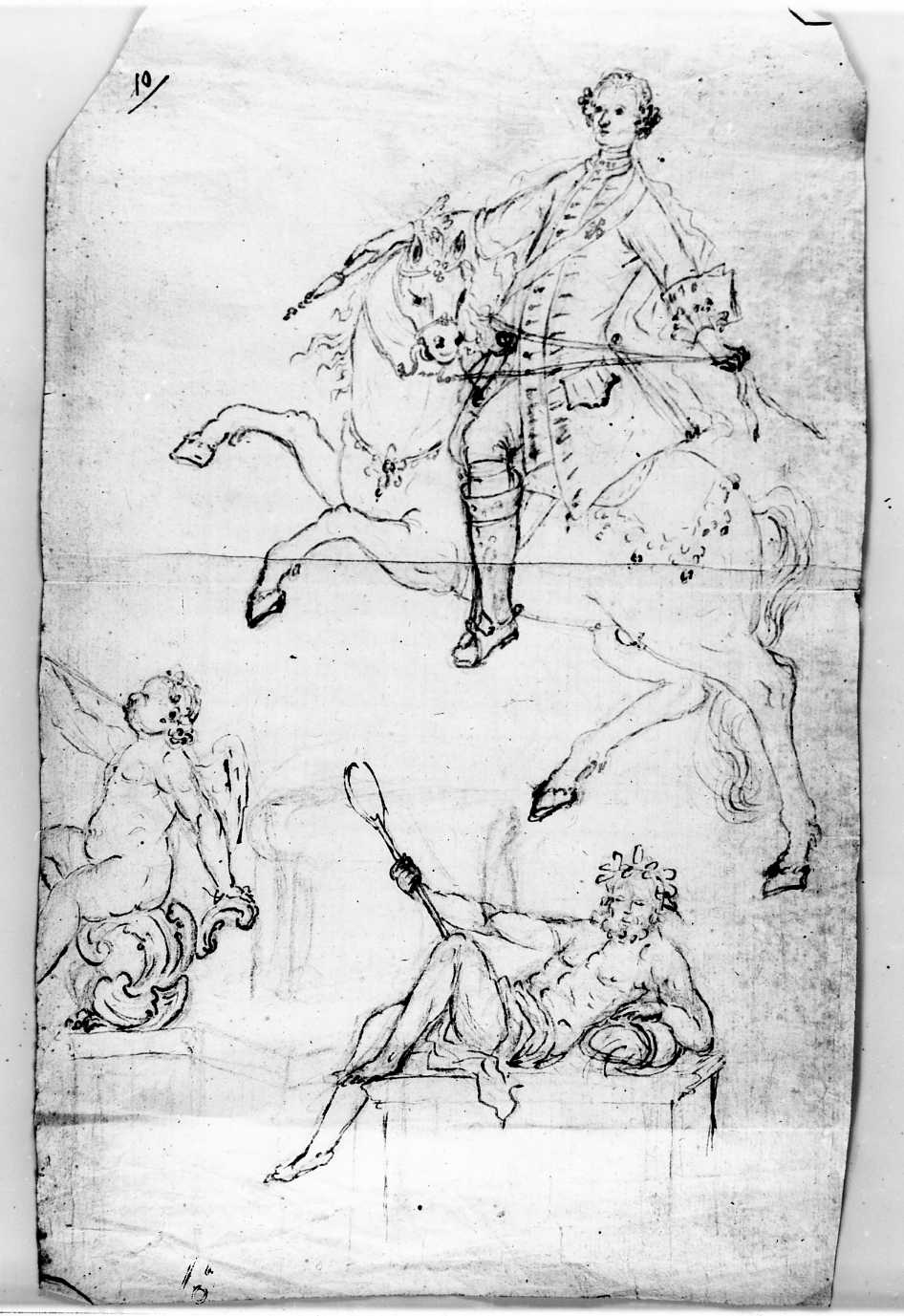 Carlo di Borbone a cavallo; Personificazione del fiume Sebeto; angelo tubicine/ San Giuseppe col Bambino; Santa Chiara; figura di giovane (disegno) di Di Zinno Paolo Saverio (attribuito) (sec. XVIII)