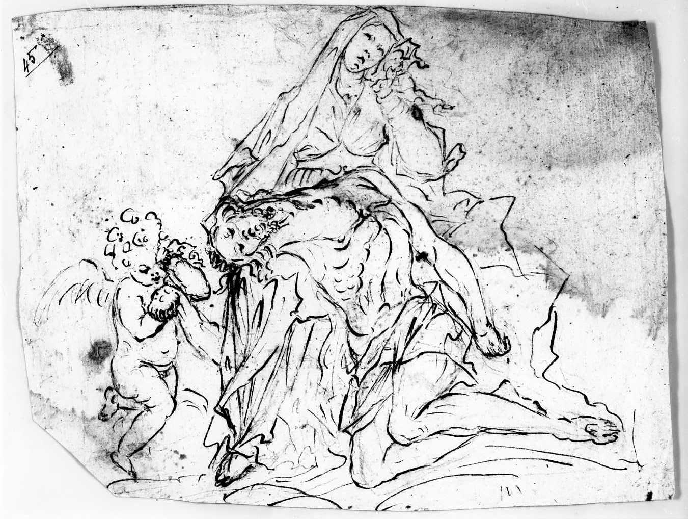 Pietà e un angelo (disegno) di Di Zinno Paolo Saverio (attribuito) (sec. XVIII)