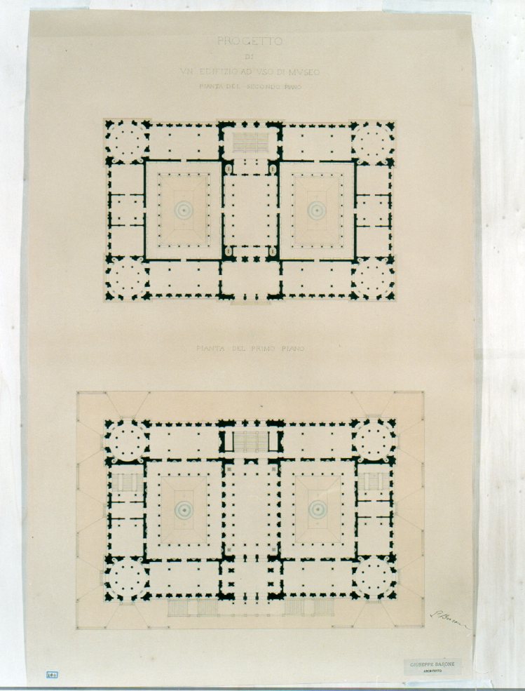 Progetto di un edificio ad uso di museo - Pianta del primo e secondo piano, progetto di un edificio museale (disegno architettonico, elemento d'insieme) di Barone Giuseppe (sec. XIX)