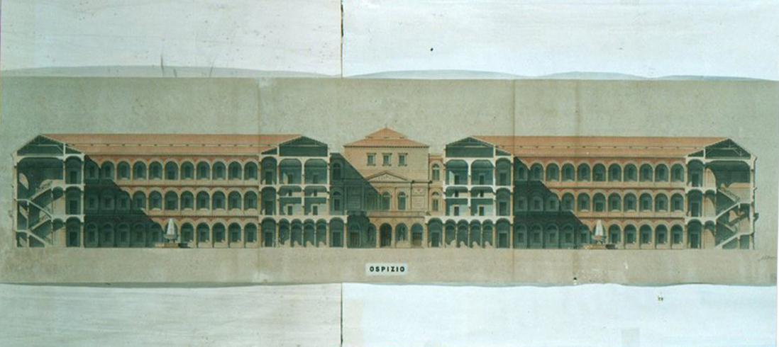 progetto di un edificio ad uso ospizio - Concorso Vittadini (MI) (disegno architettonico, elemento d'insieme) di Barone Giuseppe (sec. XIX)