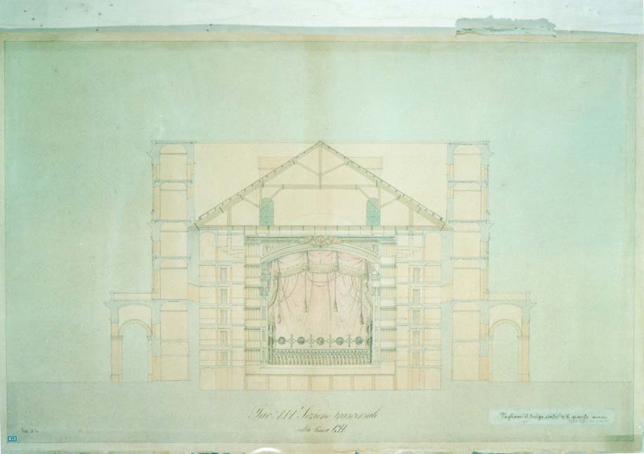 Tav. XIV - Sezione trasversale sulla linea GH, progetto Teatro Massimo - Palermo (disegno architettonico, elemento d'insieme) di Barone Giuseppe (sec. XIX)