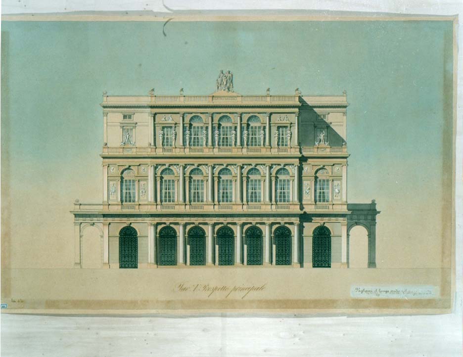 Tav. I - Prospetto principale, progetto Teatro Massimo - Palermo (disegno architettonico, elemento d'insieme) di Barone Giuseppe (sec. XIX)