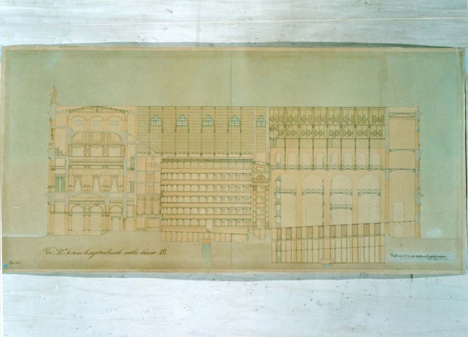 Tav. XI - Sezione longitudinale sulla linea AB, progetto Teatro Massimo - Palermo (disegno architettonico, elemento d'insieme) di Barone Giuseppe (sec. XIX)
