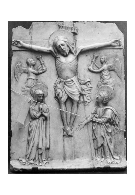 crocifissione di Cristo con la Madonna e San Giovanni Evangelista (rilievo) - ambito lombardo (?) (fine/inizio secc. XIV/ XV)