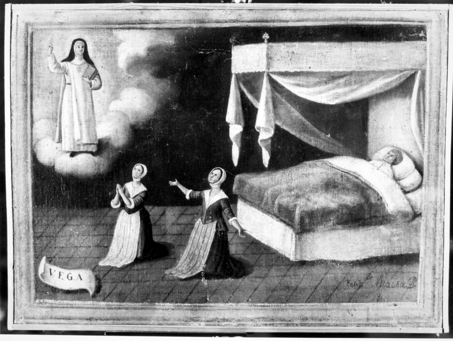 Due donne in ginocchio invocano la beata marianna per la guarigione di un uomo che giace disteso a letto (ex voto)