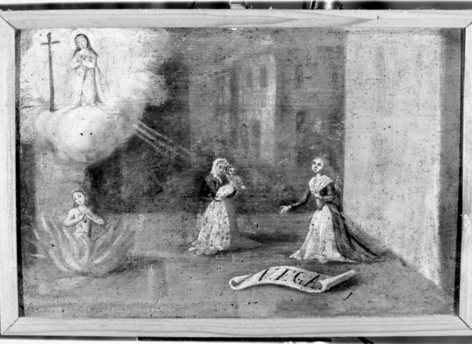 Due donne in ginocchio con un bambino invocano la beata marianna di gesù; al loro fianco un'anima del purgatorio (ex voto)