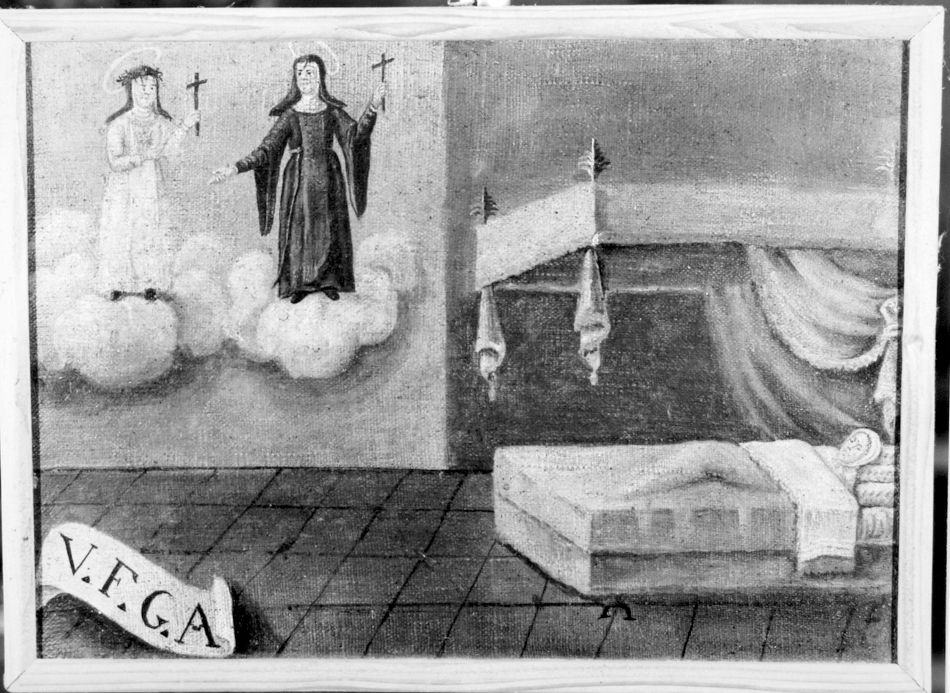 Santa marianna di gesù e santa rita intercedono per la guarigione di una donna distesa sul letto (ex voto)