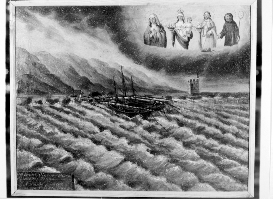 Due velieri nella tempesta; madonna di bonaria e santi (ex voto)