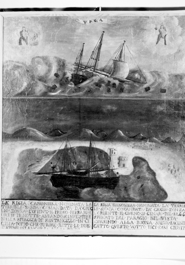Vascello nella tempesta con madonna di bonaria; approdo della nave in un golfo (ex voto)