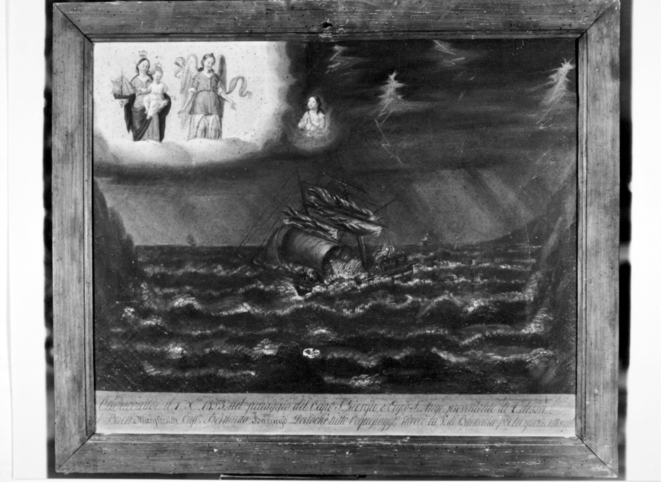 Brigantino colto da tempesta; madonna di bonaria , angelo e anima purgante (ex voto)