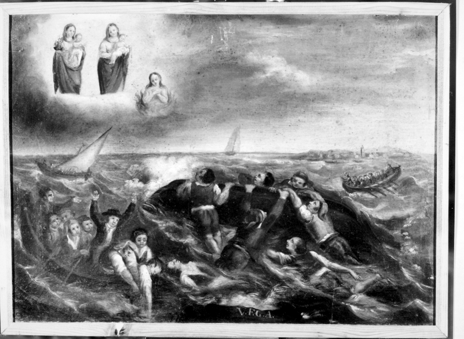 Naufraghi su scialuppe di salvataggio; madonna di bonaria, madonna del carmelo e anima purgante (ex voto)