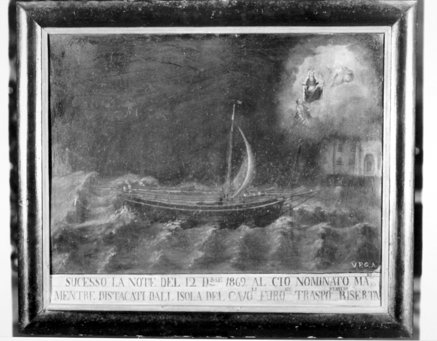 Barca trasportata dalla tempesta; padre eterno, madonna di bonaria e santo (ex voto)