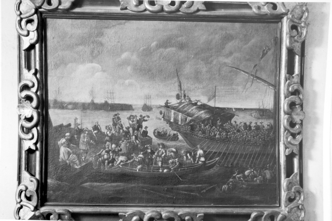 veduta di un porto, paesaggio marino con nave allo scalo (dipinto) - ambito Italia centro-meridionale (XVII-XVIII)
