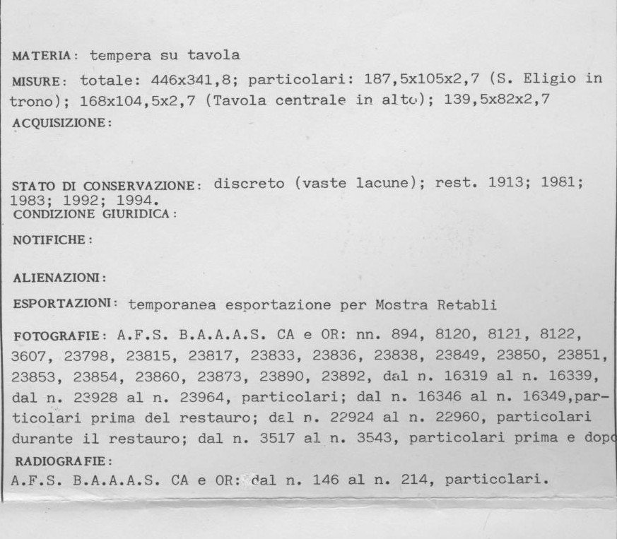 Retablo di Sant'Eligio (retablo) di Maestro di Sanluri (attribuito) (sec. XVI) <br>Condizioni d'uso: <a class='link-esterno' href='https://docs.italia.it/italia/icdp/icdp-pnd-circolazione-riuso-docs/it/v1.0-giugno-2022/testo-etichetta-BCS.html' target='_bcs'>Beni Culturali Standard (BCS)</a>