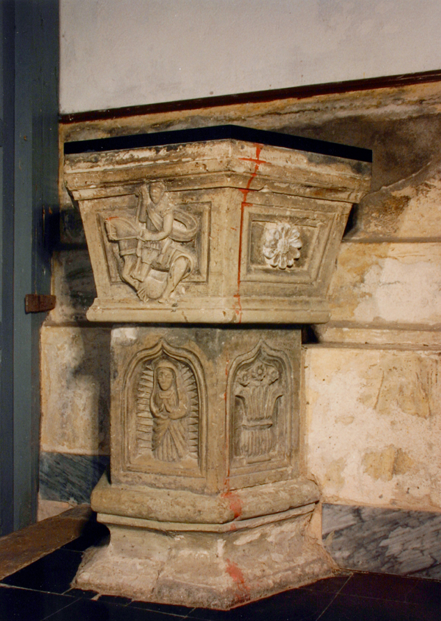 Madonna; san giorgio a cavallo. (fonte battesimale)