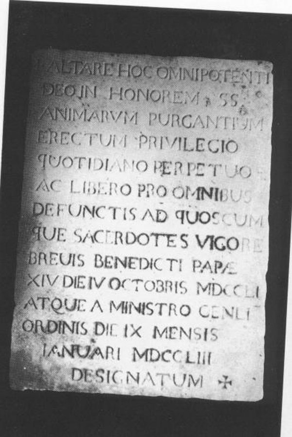 Epigrafe dell'altare delle anime purganti, lapide documentaria