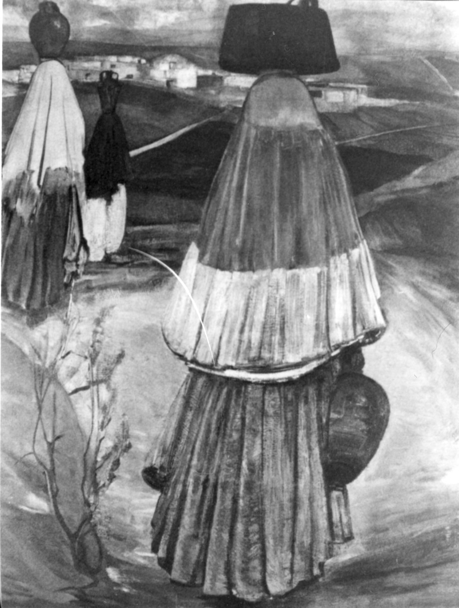 Donne di spalle che trasportano l'acqua, donne di spalle (dipinto) di Biasi Giuseppe (sec. XX)
